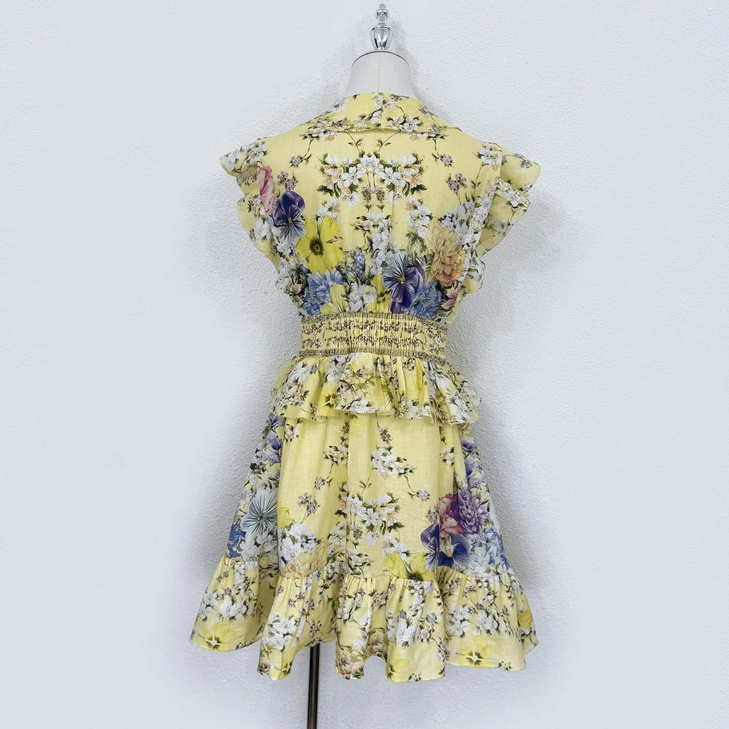 Summer Fashion Party Floral Print Linen Knee-Length Dress Women's V-Neck Appliques Lace Up Diamond High Waist Flounces Hem Dress - view 2