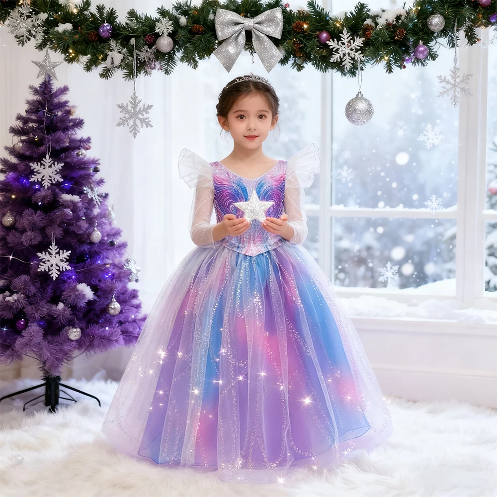 

Красочное платье принцессы для девочек на Рождество, блестящие праздничные платья с длинными рукавами для девочек, рождественские костюмы ведьмы для косплея, детское платье на день рождения