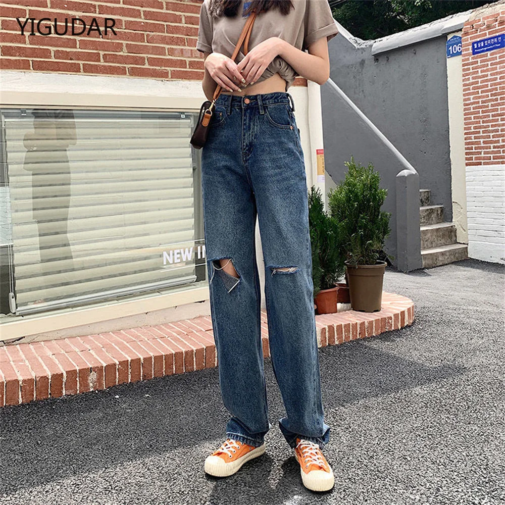 

2022 Summer High Waist Ripped Jeans Women's Hip Hop Loose Straight Jean Pants High Street Y2k Vintage Female Wide Leg Trousers