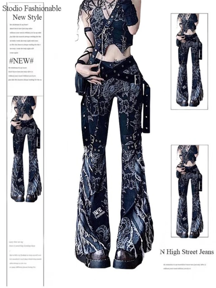 

Gothic Retro Bell-Bottom Low Rise Pants Women Print Flare Denim Long Trousers 90s Dark Academia Abi Y2k Japan Streetwear Outfits