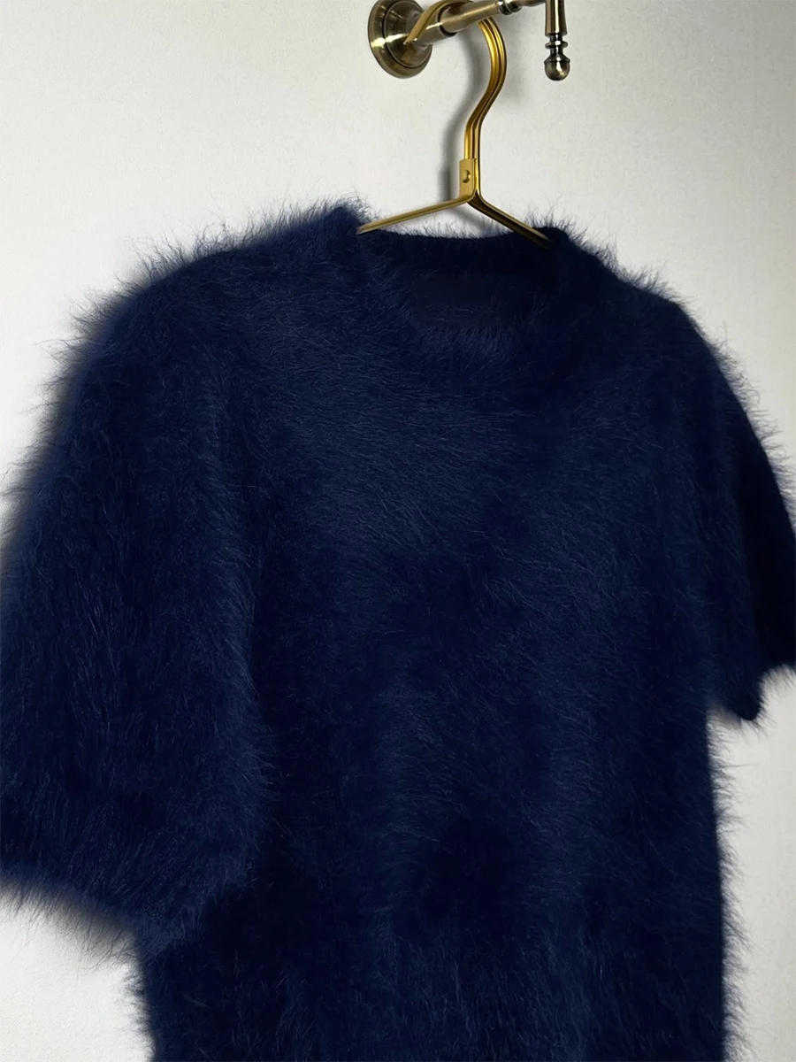 Bornladies Damen-Oberteil aus Flauschmaterial mit kurzen Ärmeln, neue Serie, Rundhalsausschnitt, weich, schmal geschnitten, Basic-Oberteil, geeignet für den täglichen Pendelverkehr. – Detail 18