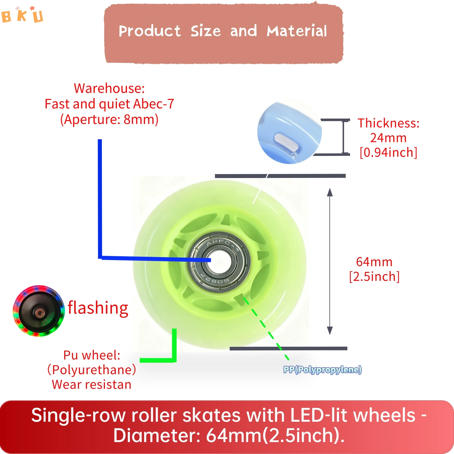 4-Pack LED Light Up Wheels 64mm PU بديل للزلاجات المضمنة والدراجات البخارية والأمتعة - محامل ABEC-7، ألوان متعددة