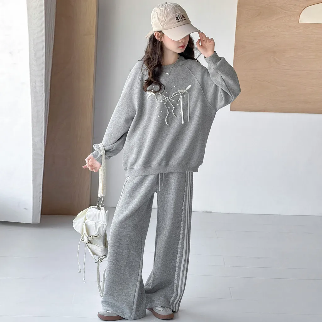 Girls Pearl Bow Sweatshirt and Lace Trim Wide Leg Pants 2 Piece Set Autumn Children Clothes Suit