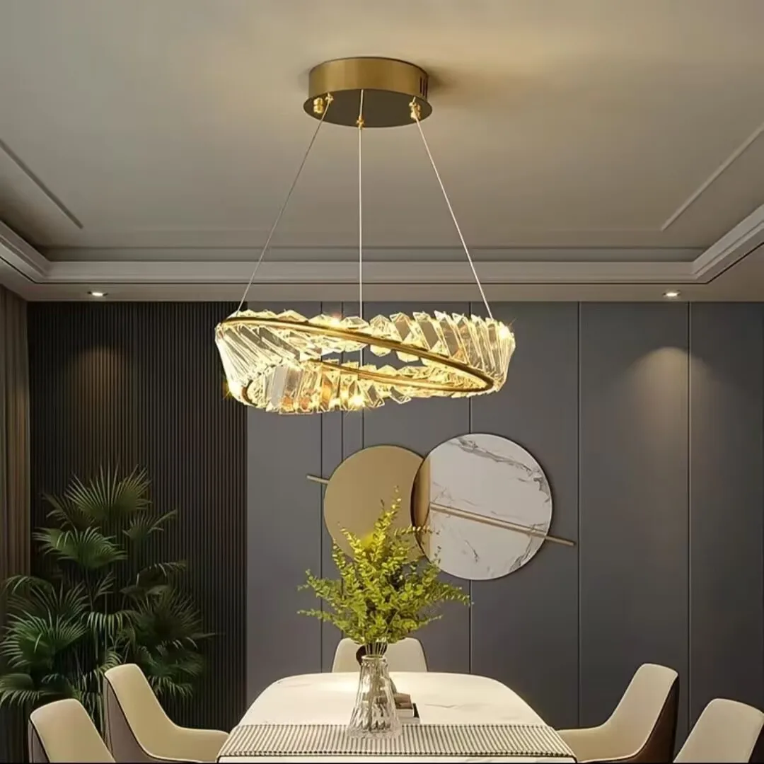 Crystal circular curved pendant lamp, luxury restaurant pendant lamp, non flashing eye friendly lamp, special shaped lamps.
