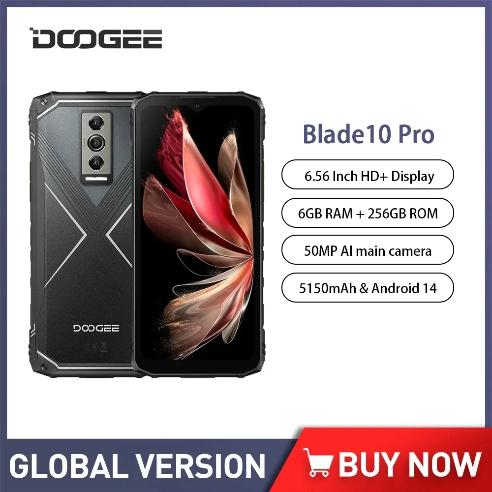 

DOOGEE Blade10 Pro Rugged Smartphone Android 14 6.56" 90Hz IPS Screen 6GB+256GB Octa Core 50MP AI Main Camera 5150mAh Cell Phone