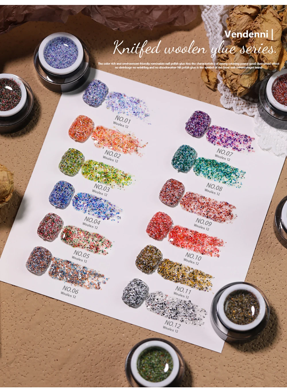Vendeeni 12 Farben Gestrickter Woll-Optik Gel-Nagellack UV Soak-Off Gel-Lack Wollkarierter Gel-Lack für Nageldesign 10g – Detail 3