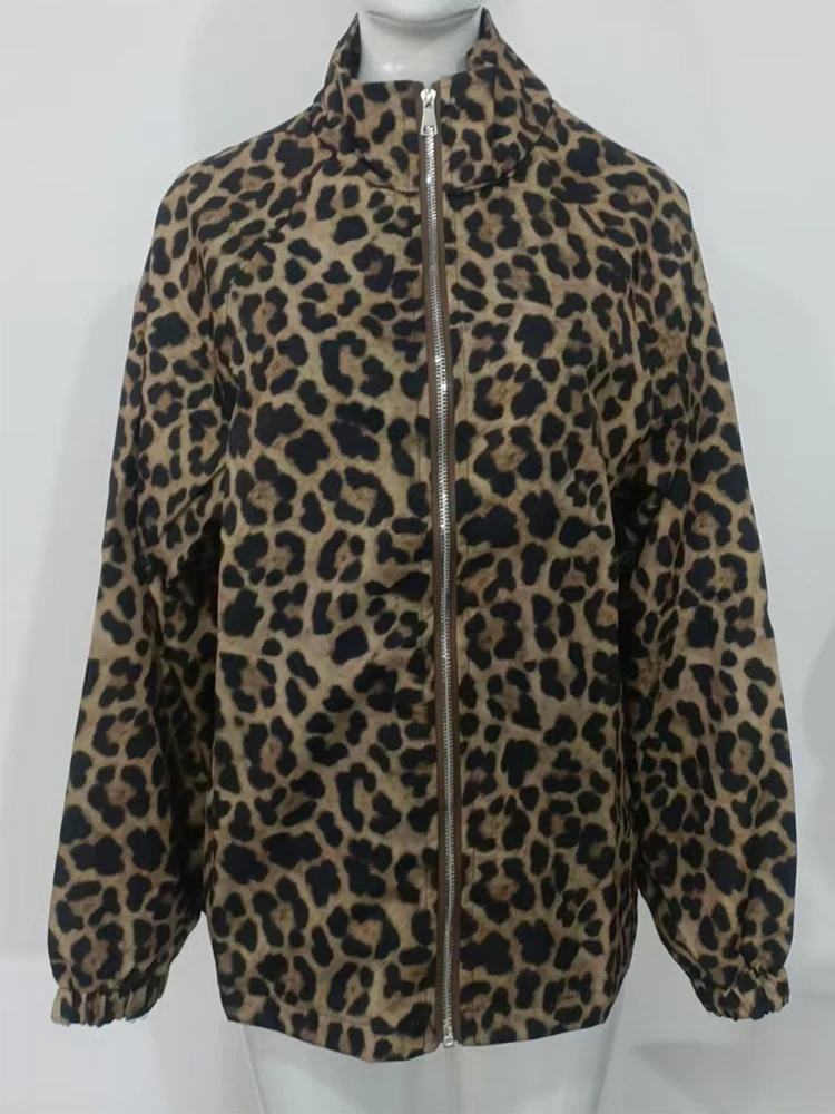 Autumn Women's Long Sleeve Casual Style Polyester Material 2025 New Fashion Collar Leopard Pattern Medium Length Coat