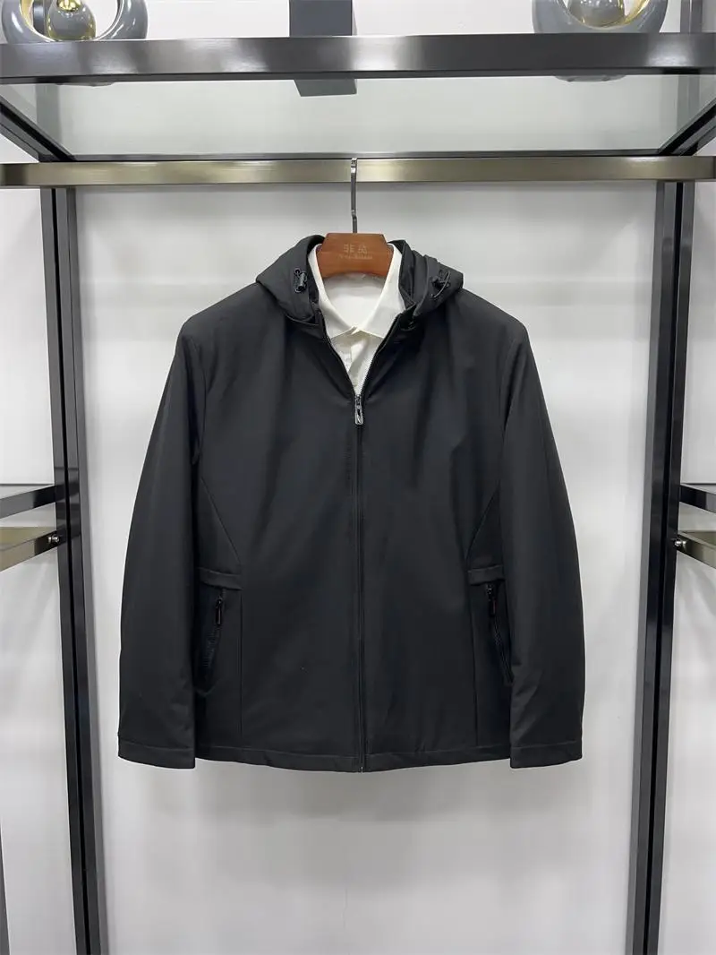 

Non-Saints Men's Black Cotton Jacket Short Warmth Removeable Cap Autumn Winter Casual Style Standard Fit Business Gentleman