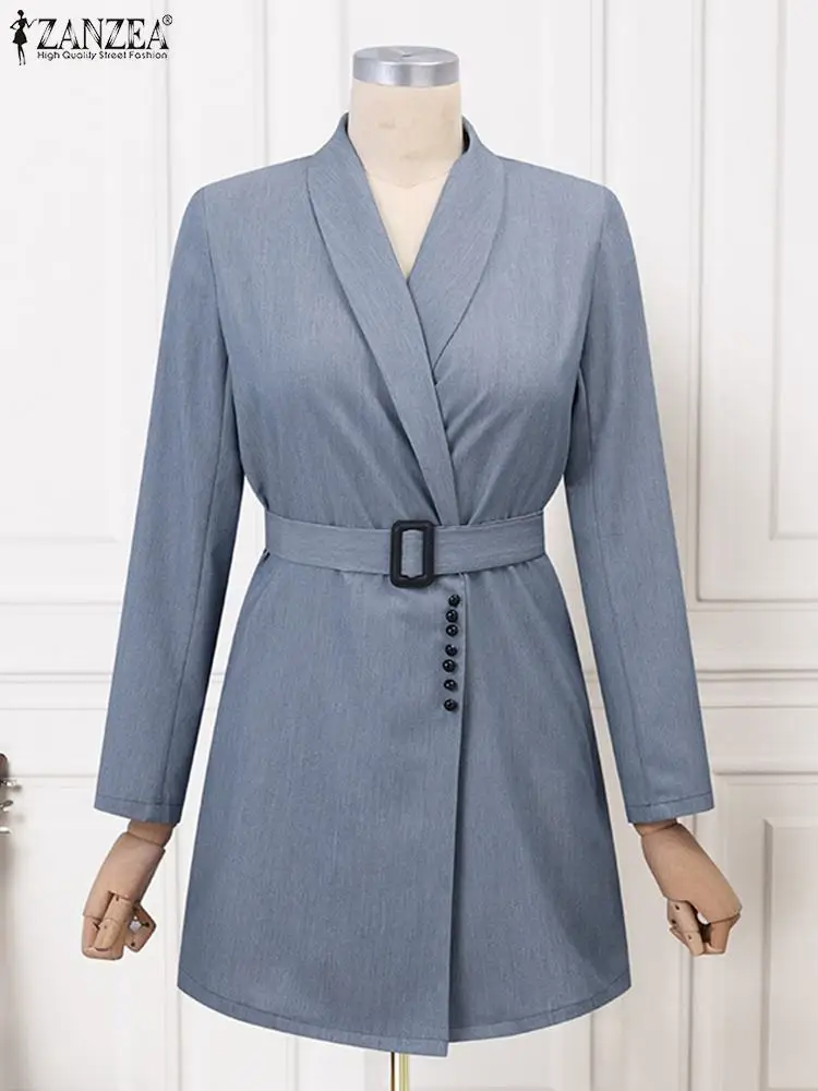 ZANZEA Women Short Robe Office Lady Blazer Dress Fashion Lapel Collar Long Sleeve Suit Vestido Elegant Waisted Solid Mini Dress