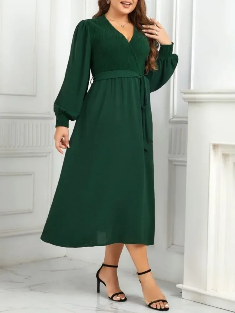 Plus Size Women Dresses Wrap V Neck Belt Elastic Long Sleeves Autumn Fall Sprimg Robe Solid Color Flowy Female Clothing