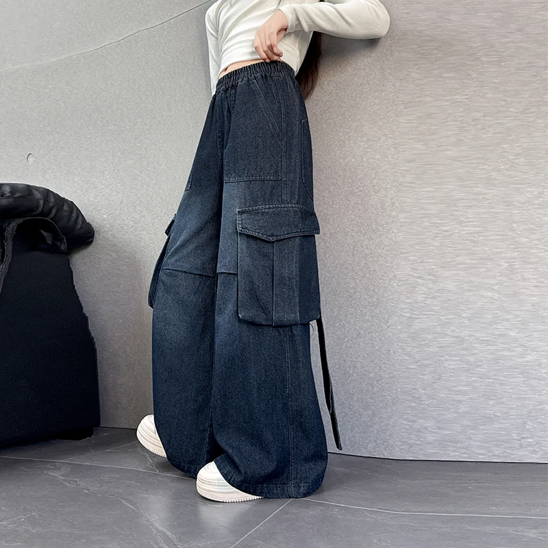 Brief Style Children Cargo Jeans Pants with Side Pocket for Teen Girls 4 to 14 Years Old Kids New Designer Casual Denim Trousers