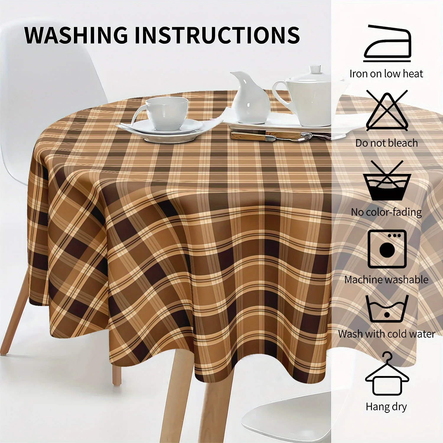 One piece of khaki checkered round tablecloth. A unique and simple retro aesthetic. Suitable for the kitchen and parties.zyc
