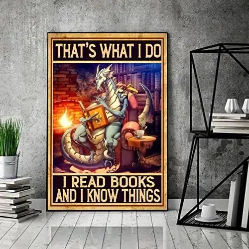 Krouterebs Vintage Metal Tin Sign Dragon Book Poster Dragon Poster Love Reading Book Book Lover Gift Dictionary Book Worm G sign