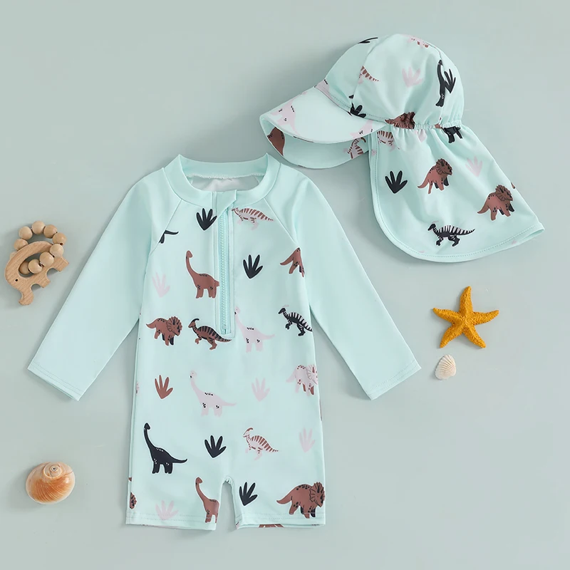 

Toddler Boy Rash Guard Swimsuit with Hat 2 Pcs Set Cartoon Dinosaur Pattern Zip Up Long Sleeve Crew Neck Baby Boy Swimwears