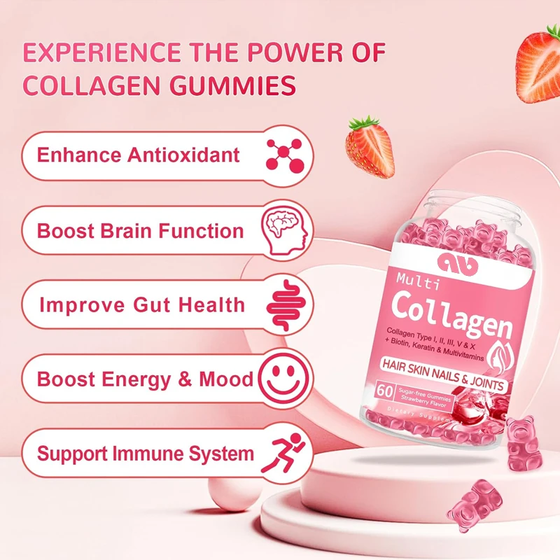 Sugar free collagen gummies, suitable for hair, skin, nails, muscles, and joints, immune system -60 capsules