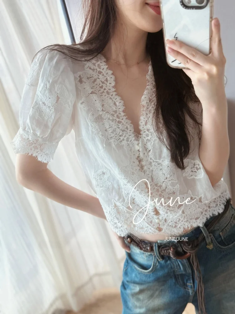 White Moonlight Heavy Embroidery Lace Patchwork V-Neck Linen Short Sleeve Shirt Women's Cute Style Princess Sweetness Summer Top
