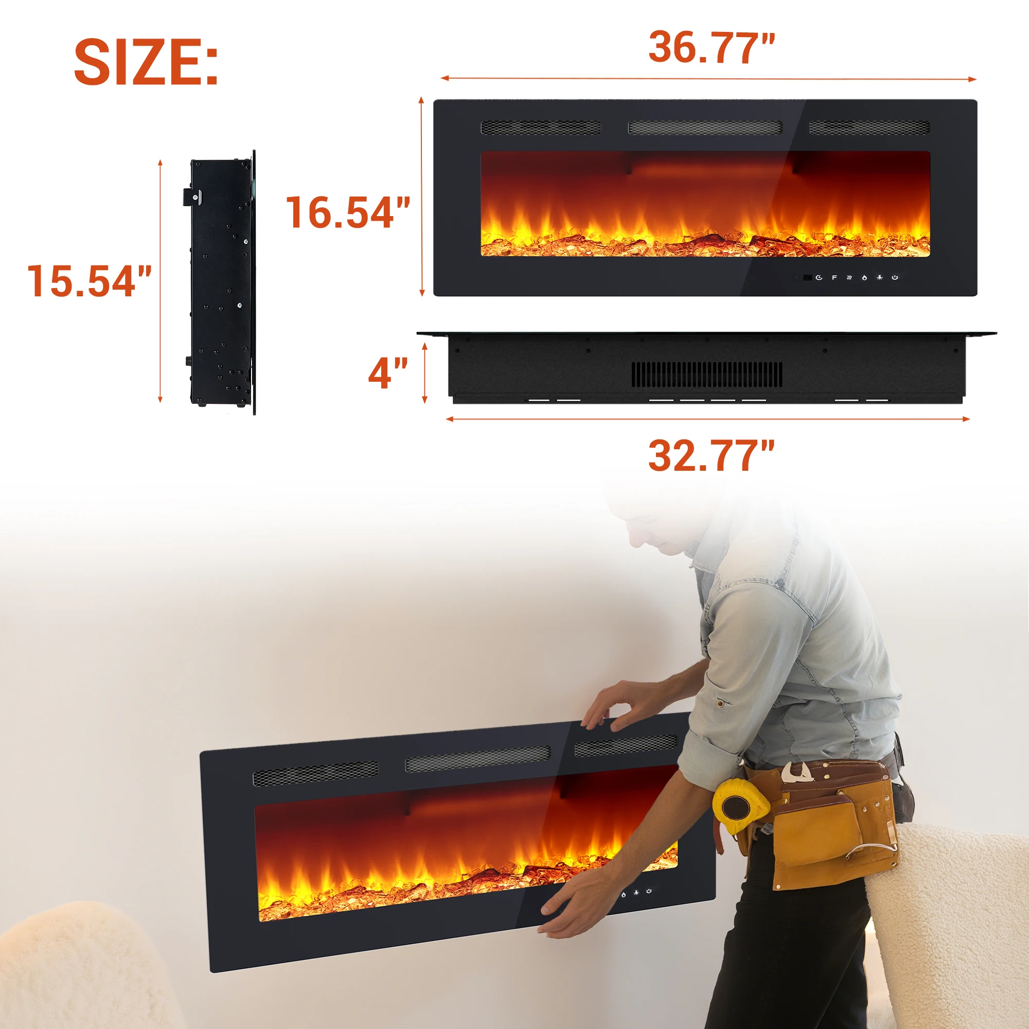 40 Inch Electric Fireplace Insert, Recessed & Wall Mounted Ultra-Thin Heater with Remote, 12 Flame Colors, 750W/1500W Glass Panel