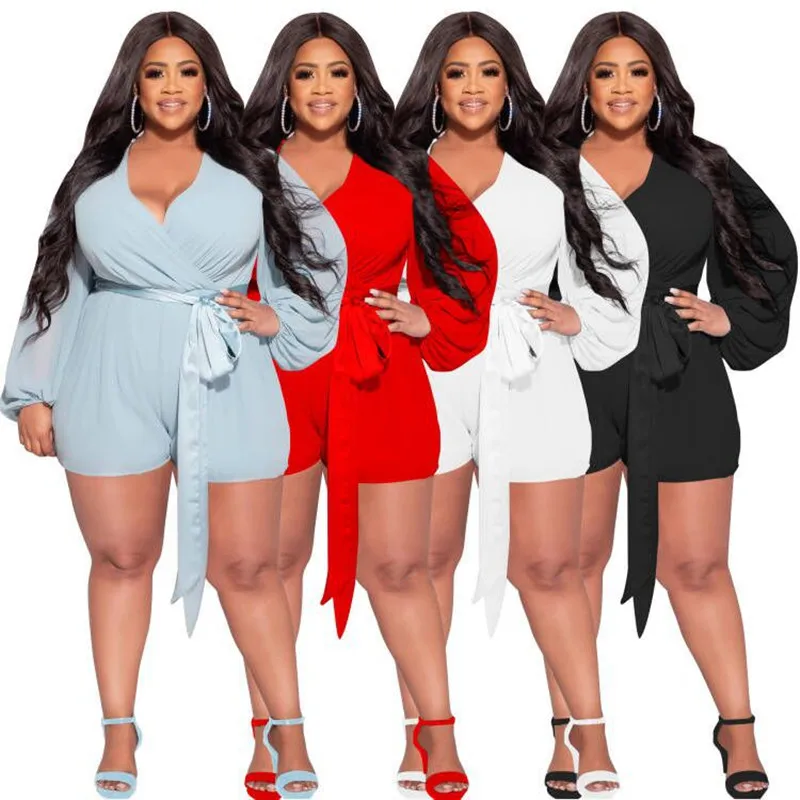 Plus Size Women Bodysuit Fashion Solid Color Chiffon Sexy Short Jumpsuit with Belt V Neck Long Sleeves Casual Shorts Rompers