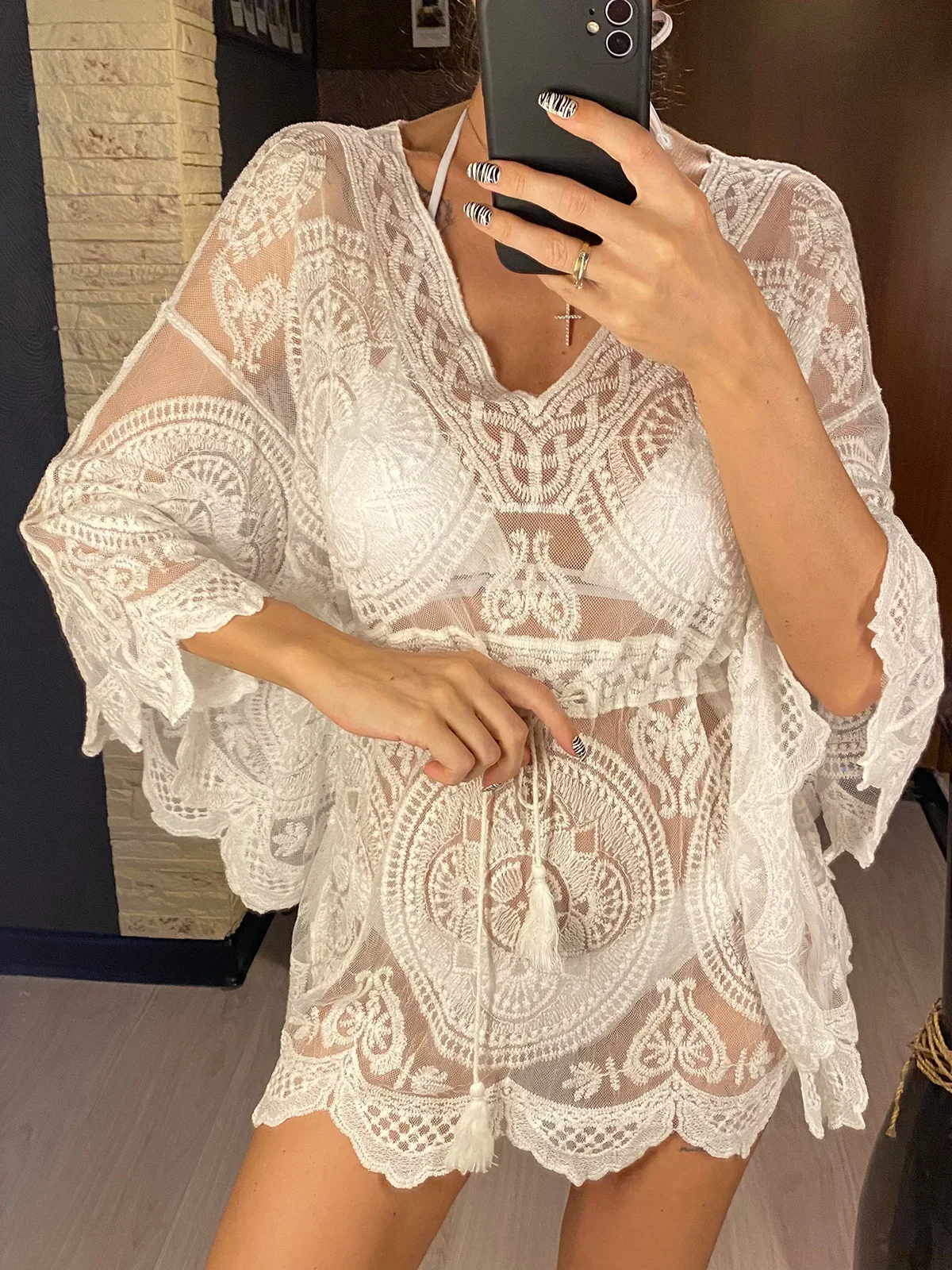 2025 New Sexy Lace See Through Long Sleeve Tunic Beach Cover Up Cover-ups Beach Dress Beach Wear Beachwear Female Women V4528