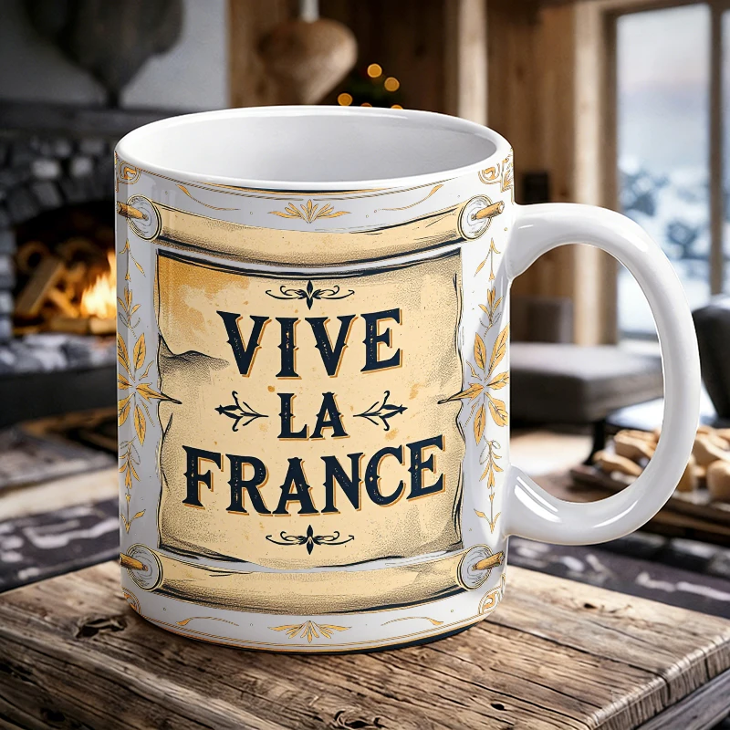 

Bastille Day Mug Coffee Cup Ceramic Cup Vive La France Scroll Wall Art Print - Vintage-Inspired Scroll Design Poster