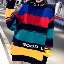 High Street Striped Stylish Letter Loose Midi Sweaters Autumn Winter Straight Female Clothing Contrasting Colors Spliced Jumpers