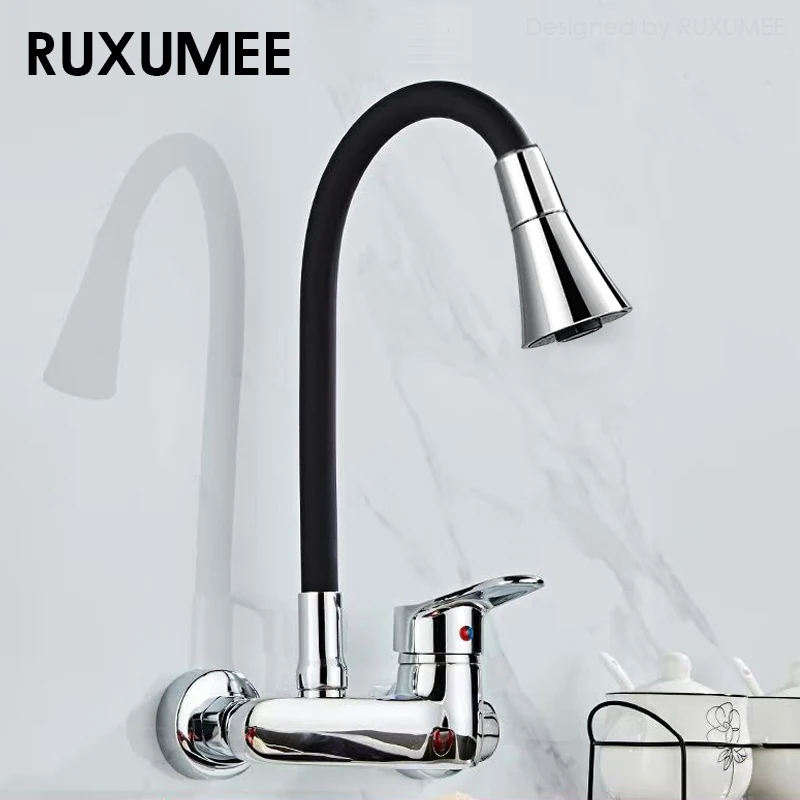 Grifo de cocina Flexible giratorio de pared 360, cromado pulido, 2 modos, grifos para fregadero de agua fría y caliente, negro y plateado