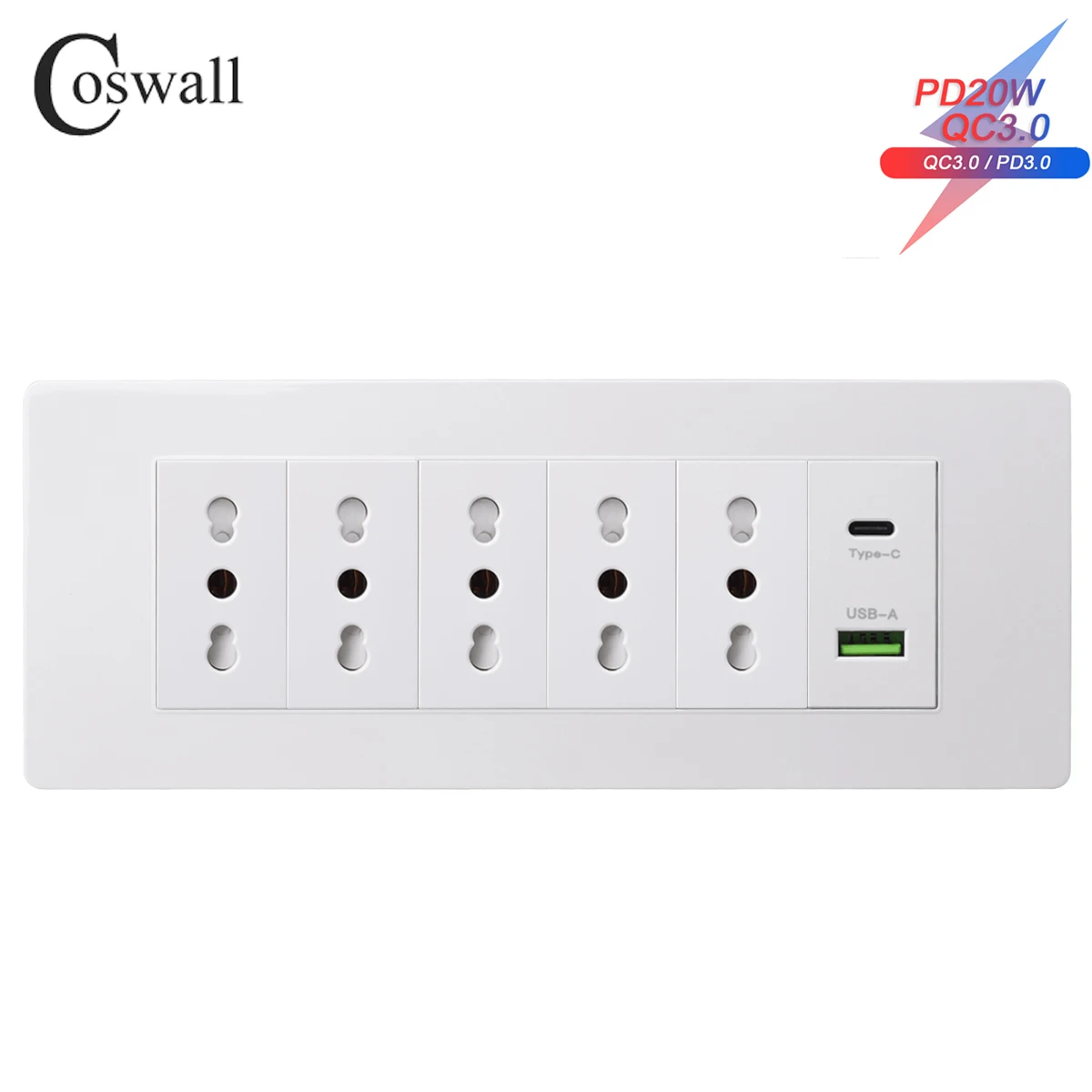 Coswall PC Panel Italian / Chile Standard 16A Wall Power Socket PD 3.0 20W Type-C Dual USB Fast Charging 194*75 mm