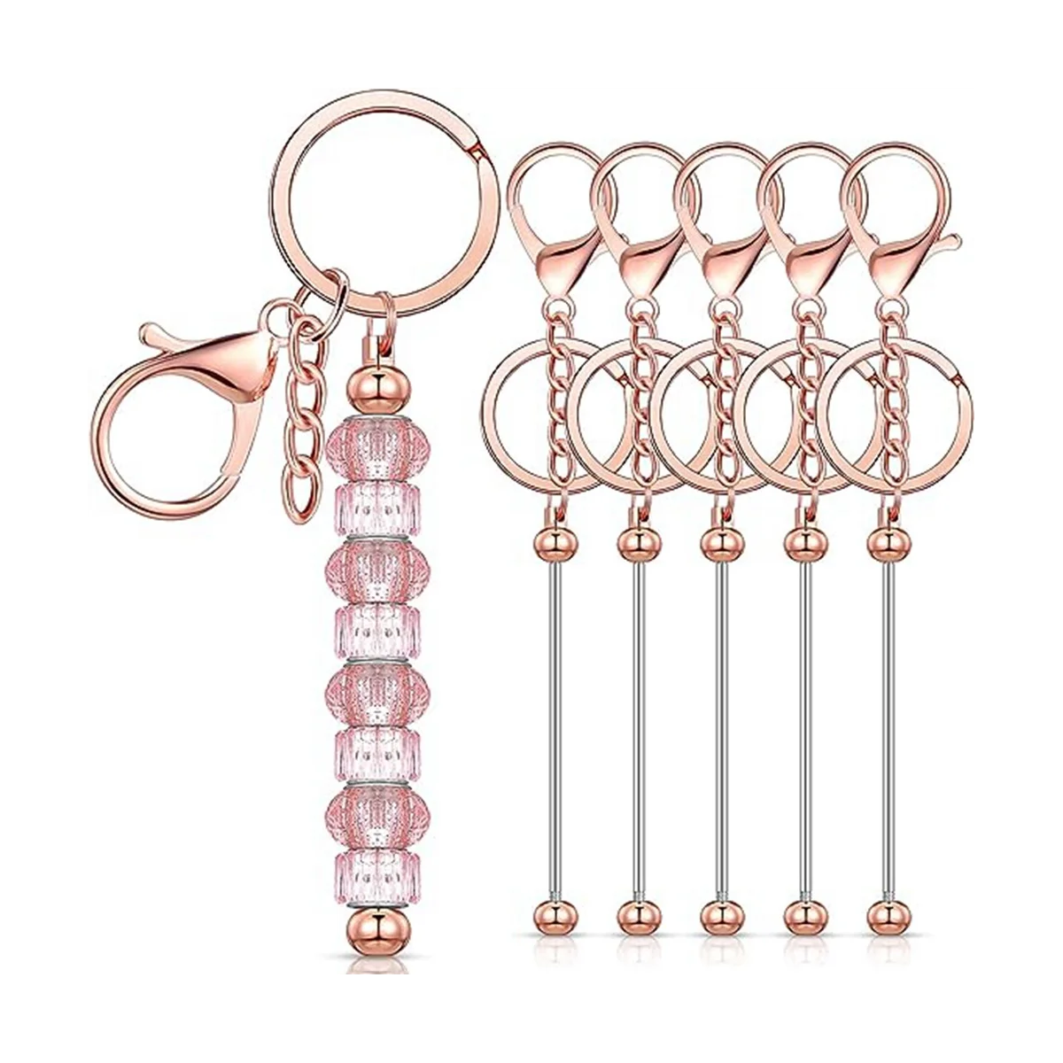 6 Pcs Beadable Keychain Bars Blanks Bead Keychain Metal Beaded Keychain for DIY Pendant Crafts Jewelry Making,Rose Gold