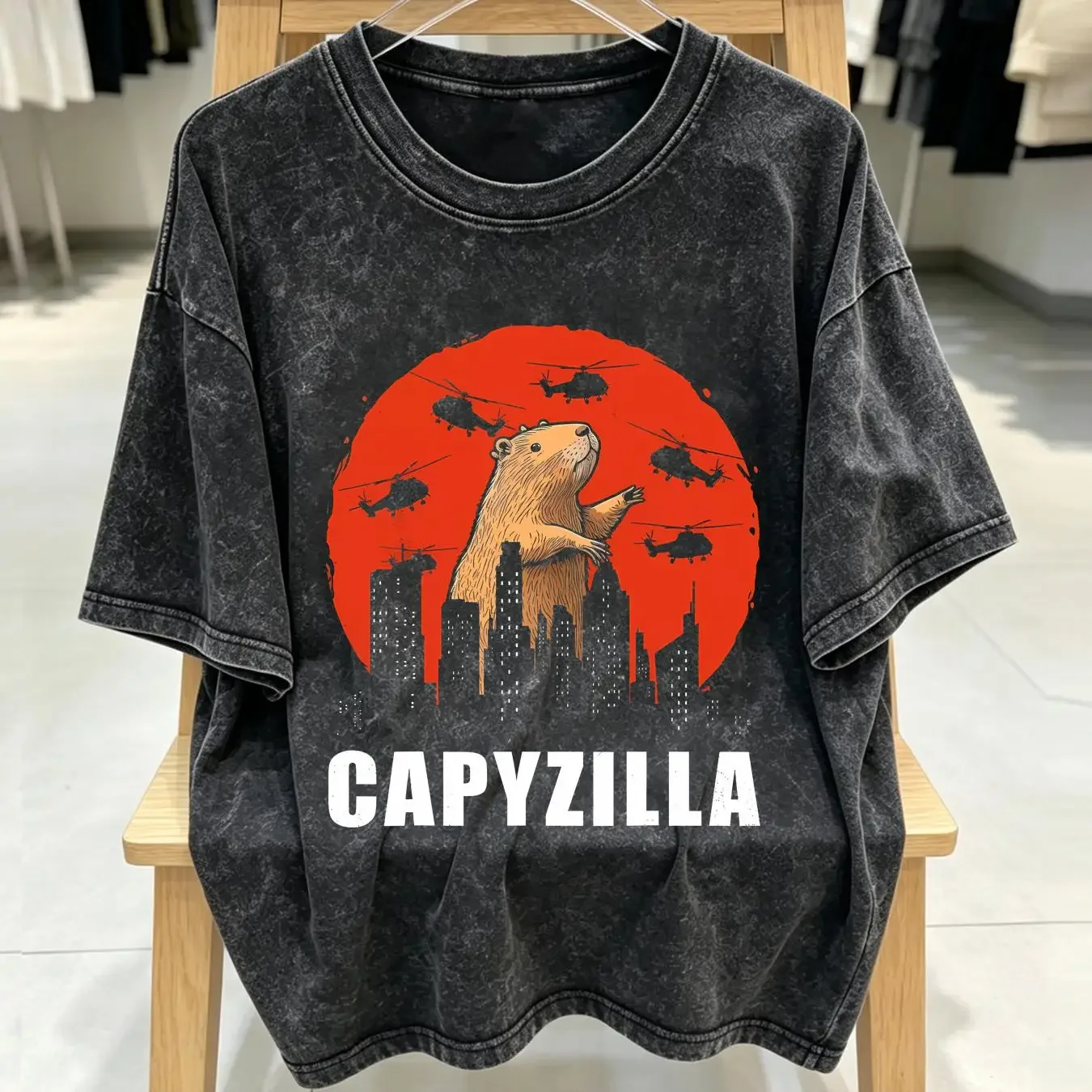 washed T Shirt Capybara Funny Rodent Capyzilla long or short sleeves vintage Washed homme Soft Slightly Breathable streetwear