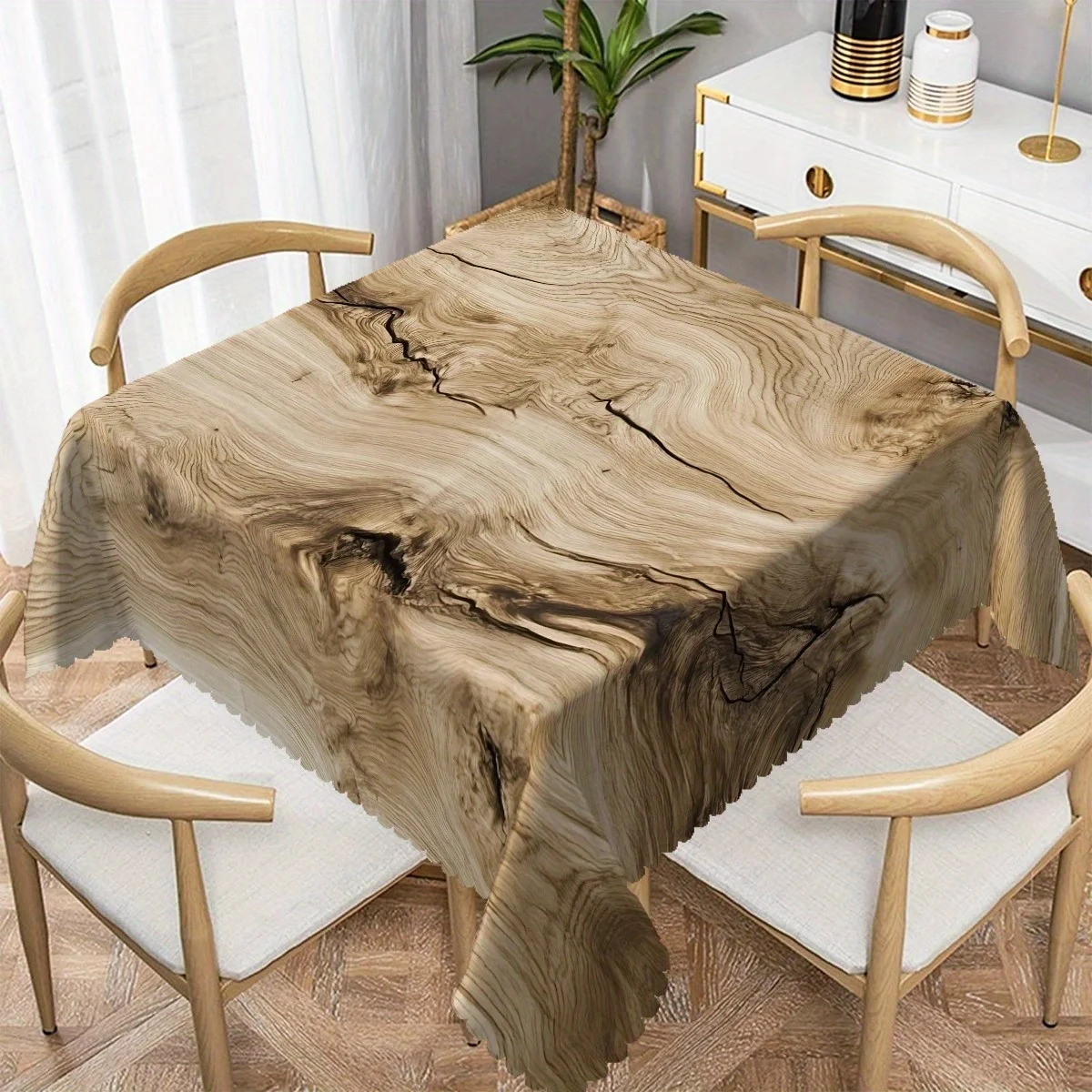 One elegant wood-grain printed tablecloth with a fan-shaped edge - durable polyester fabric, for the dining table