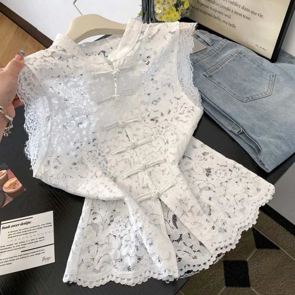 Chic Slim Fit Lace Crop Top Hollow Out Frog Button Sleeveless Vest Front Split Summer Y2K Girl Tops Party Wear