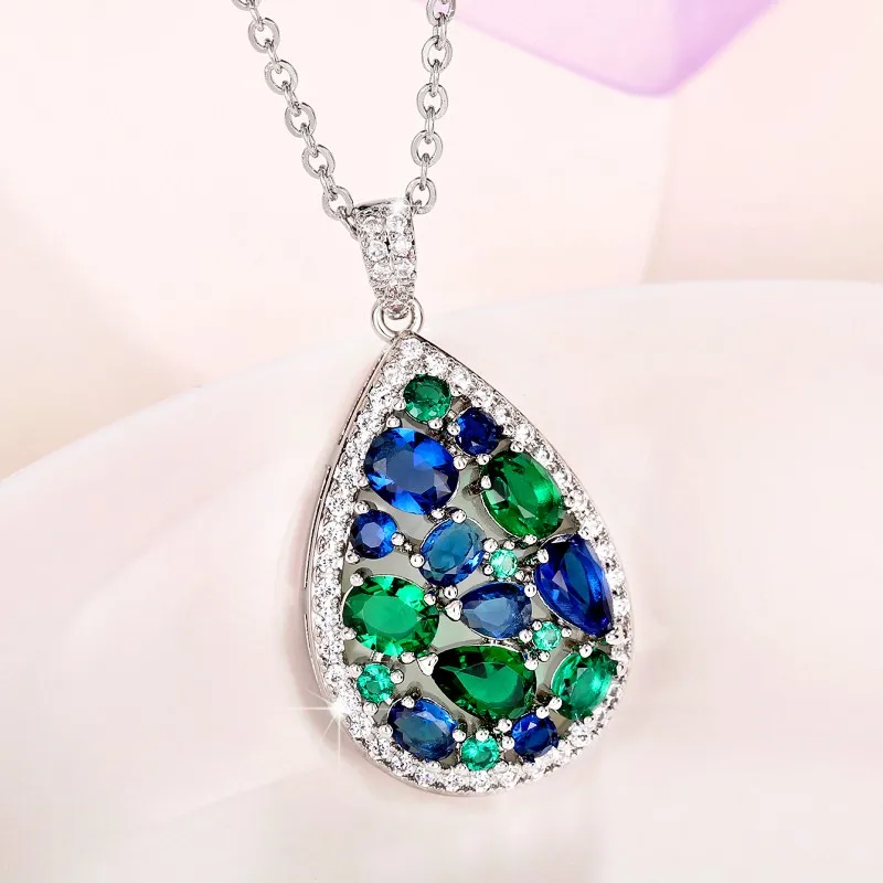 Huitan Colorful Cubic Zirconia Necklace Silver Color Pear Shape Pendant Fashion Luxury Women Wedding Engagement Party Jewelry