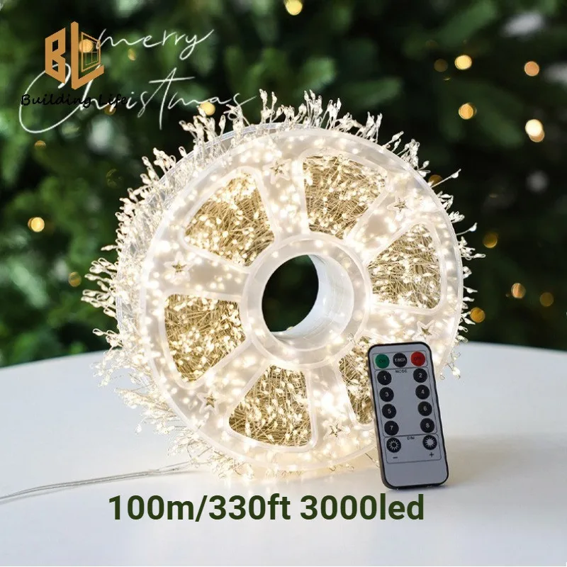 Luces de fuegos artificiales de alambre plateado de 100 m y 3000 LED | Guirnalda de Luces LED Cálidas Blancas para Enchufar | Control remoto de 8 modos a prueba de agua para árbol de Navidad de 6-7 pies