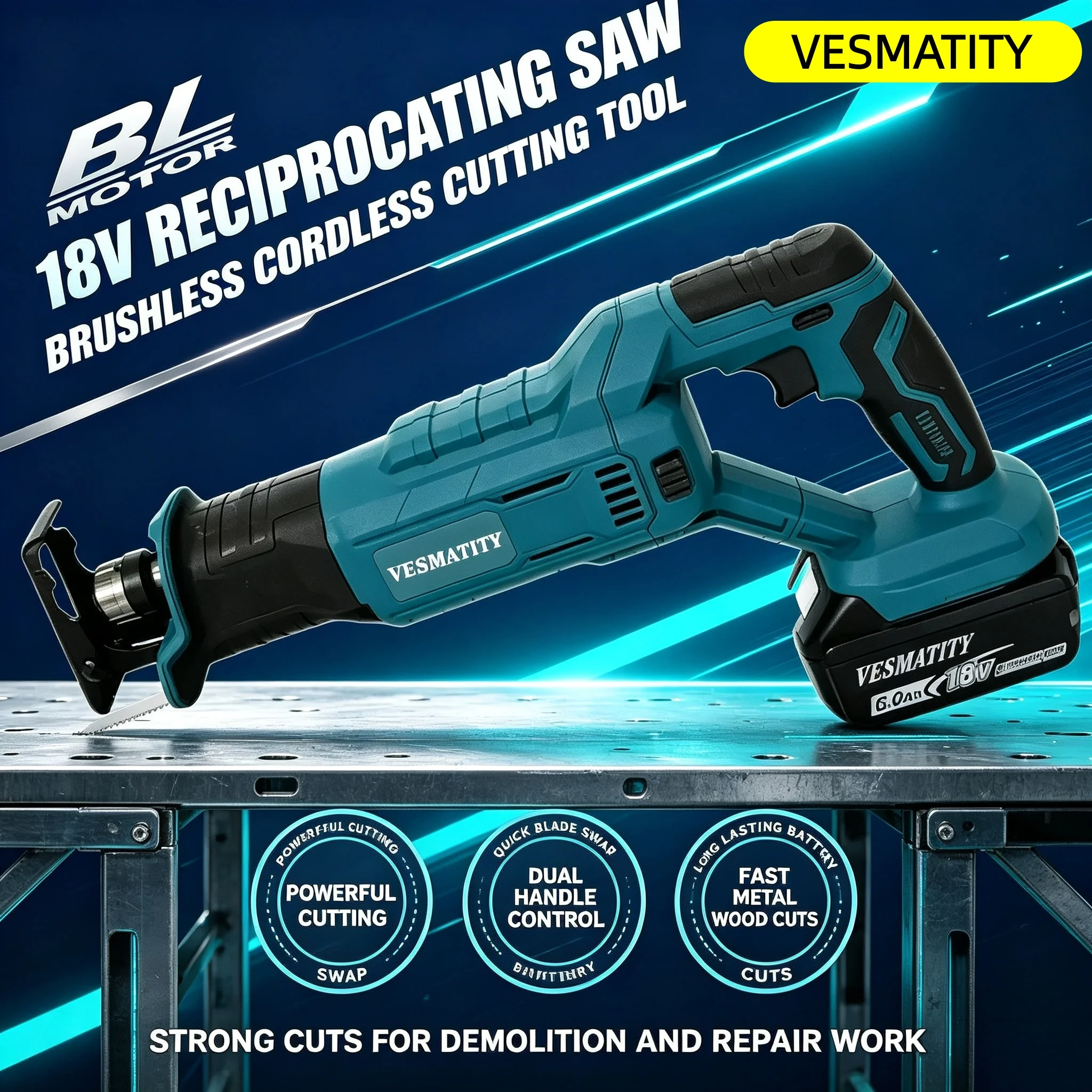 Multifunctional VESMATITY Cordless Reciprocating Saw High-Power Cutting Handheld Compact Electric Tool Elite for 18V-20V Battery