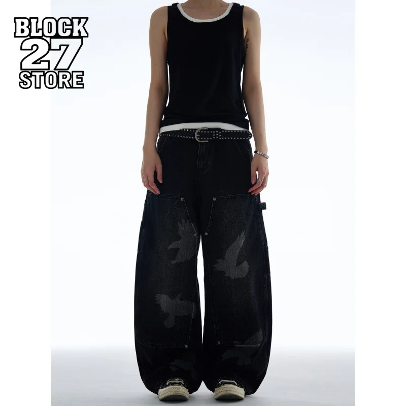 Mens Jeans Harajuku American High Street Streetwear Pigeon Graphic Curved Denim Pants Loose Fit Banana Silhouette Casual Trend