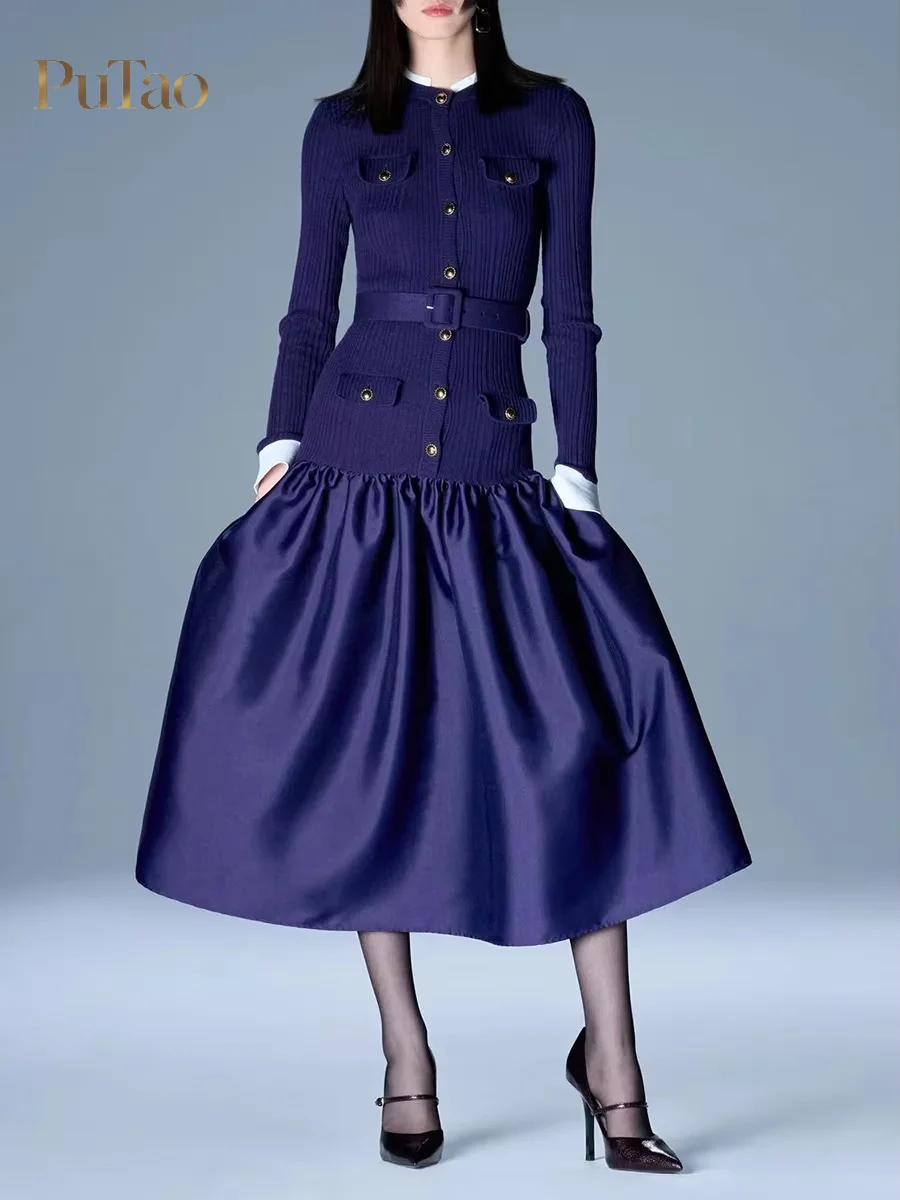 Putao Elegant Ribbed Knit Satin Patchwork Midi Dress Women Long Sleeve Single Breasted Belted Waist Flare A Line Party Dress