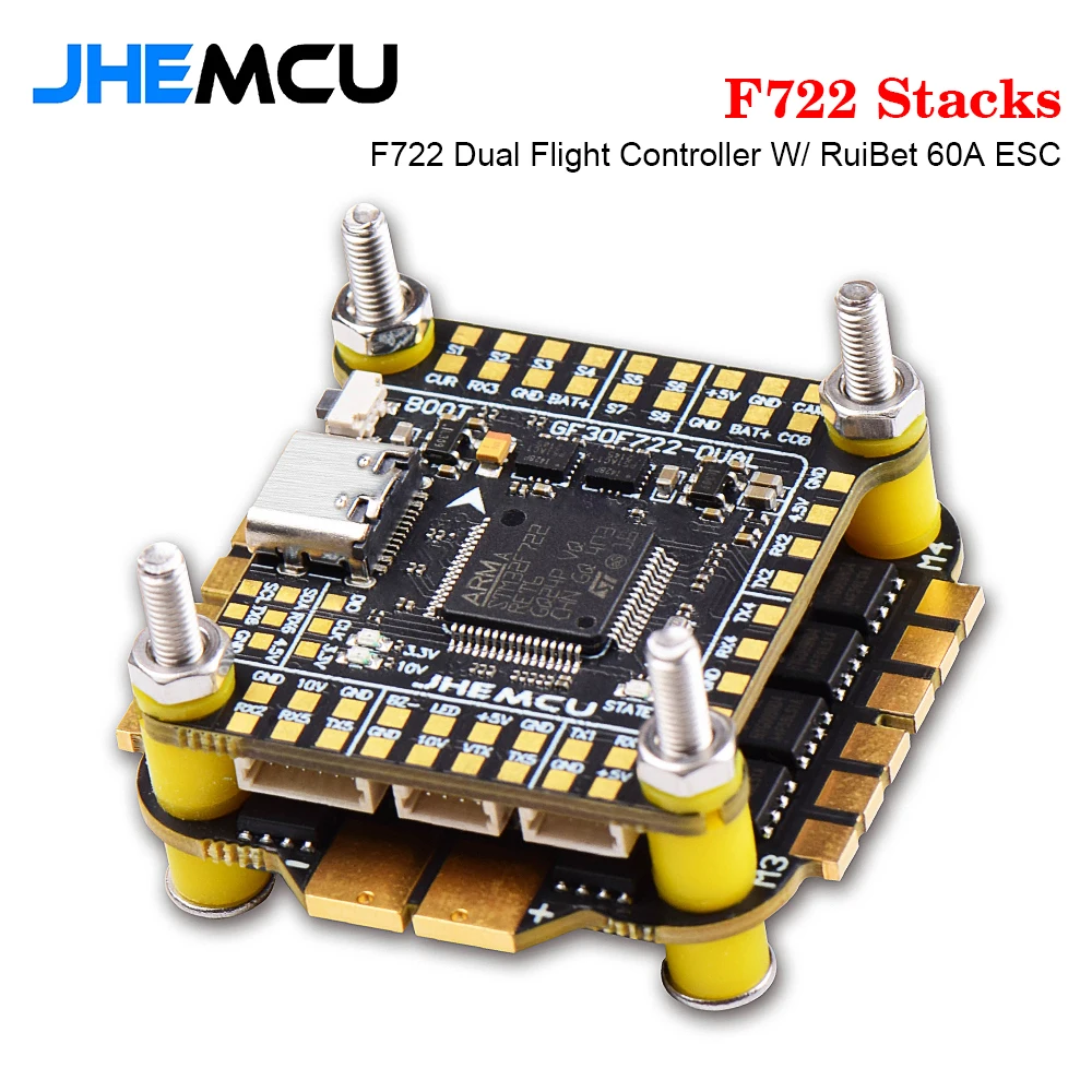 

JHEMCU F722 стыки F722 двойной контроллер полета с RuiBet 60A ESC черный ящик 16 Мб 3-6S Lipo 30,5x30,5 мм для радиоуправляемого FPV Фристайл дрона