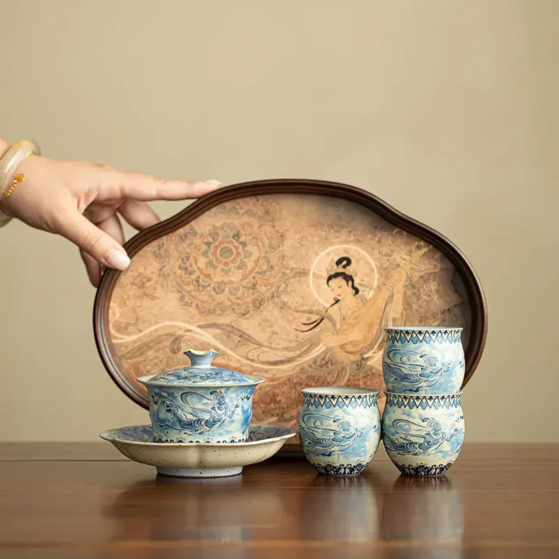 Feitian Blue and White Flint Red Covered Bowl Tea Cup Tea Tray Tea Set Unique Tea Ceremony Set Tea Gaiwan Luxury Kung Fu Tea Set