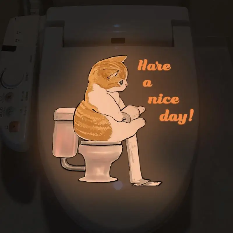 1PC Funny Cat Sticker Glow in the Dark Cat Squatting Toilet Decal English Slogan Toilet Sticker Self-Adhesive Sticker Home Decor