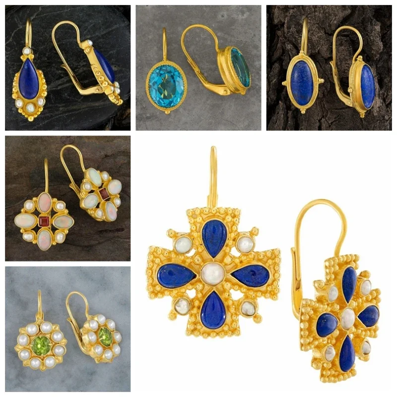 

Creative Ethnic Style Imitation Turquoise Earring Party Handmade Jewelry Gift Vintage Court Gold Color Ornate Earrings for Women