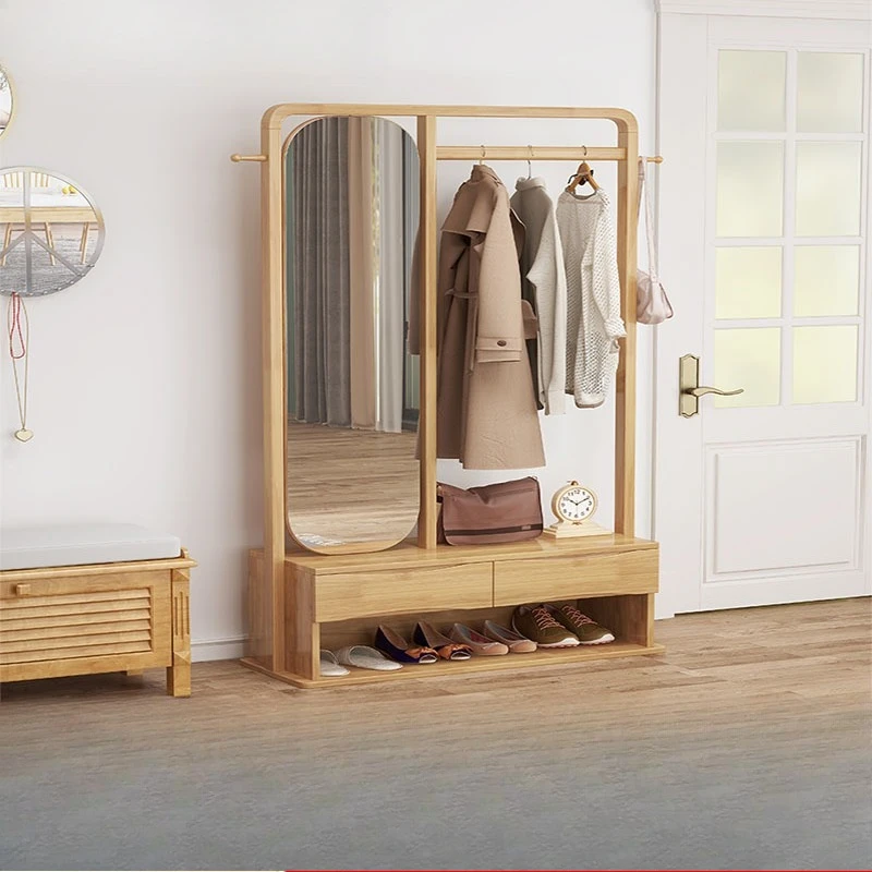 All solid wood coat rack with mirror Internet celebrity floor shoe changing stool integrated hanger movable rental room storage