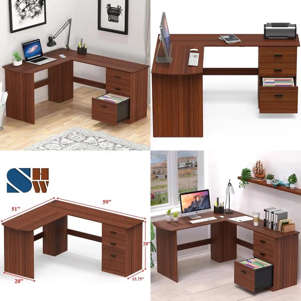 

Walnut L-Shaped Wood Corner Desk with Box and File Drawers, 51 x 59 Inches for Home Office