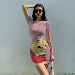 Disney Winnie the Pooh Bodycon Dresses for Women Short Sleeve Sexy Dress Summer Kawaii O Neck Robes Casual Party Club Vestido