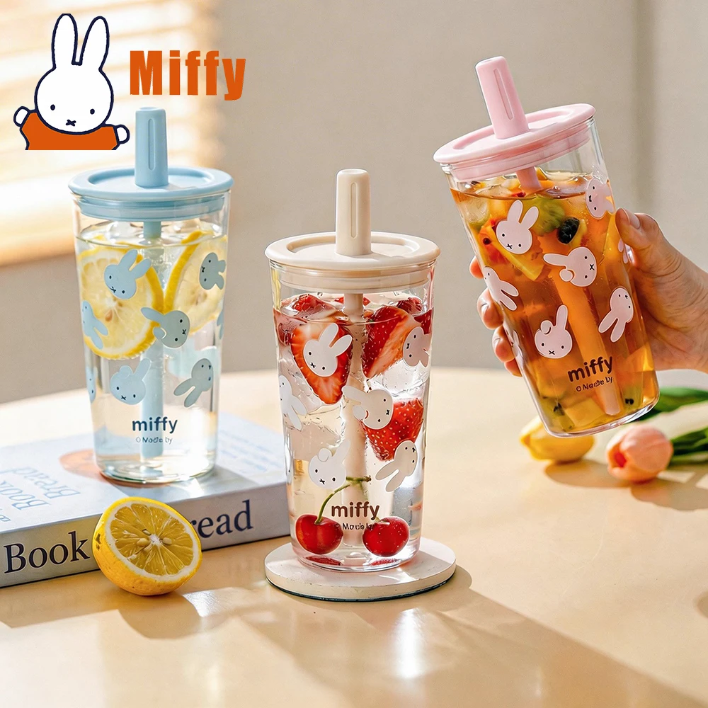

Милая стеклянная кружка-стакан Miffy с принтом кролика, с крышкой и соломинкой, многоразовая посуда для напитков, для воды и молочных коктейлей, для офиса и дома, подарок для девушки