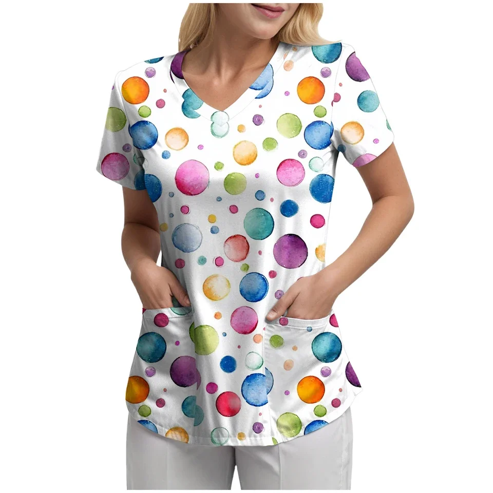 Summer Scrubs Tops Women Pet Clinic V-Neck Workwear Nurse Tshirt With Pockets Beauty Salon Uniform Short Sleeve Working Clothes