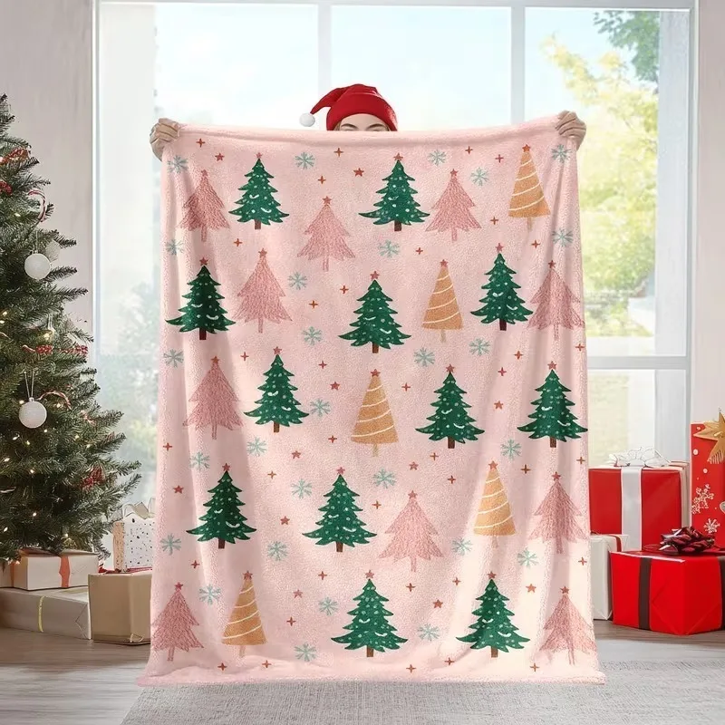 Winter Holiday Decor Blanket Cute Multi‑Color Christmas Tree Snowflake Pattern Soft Light‑Weight Throw Blanket