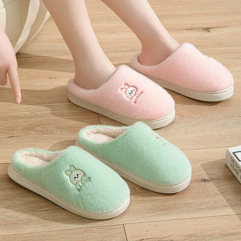 

Solid Color Autumn Winter Short Plush Warm Women Cotton Slipper Indoor Home Casual Soft Soled Fluffy Anti Slip Household Shoes