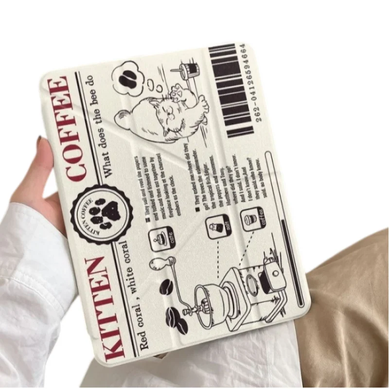 Newspaper KITTEN COFFEE Pen Slot Tablet Case For iPad 2026 Air8 7 6 4 3 2 1 Pro 2024 11in 12th 11 10 9 8 7 6 5th Cover
