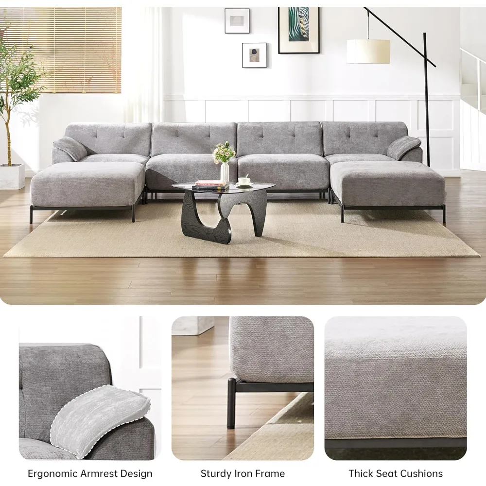 أرائك لغرفة المعيشة مقاس 106 بوصة، أريكة مقطعية مع مساند للذراع واسعة وإطار من الحديد الصلب، أريكة مضغوطة لغرفة المعيشة
