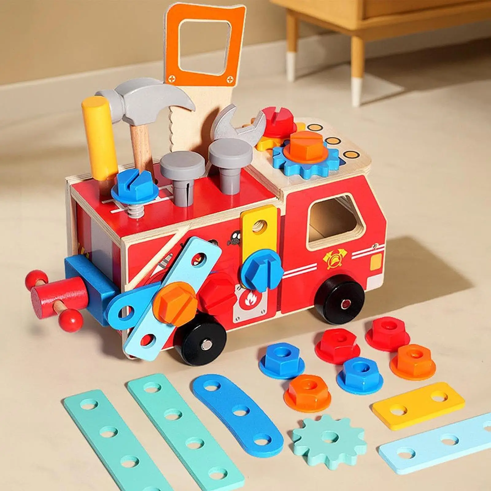 

Kids Wooden Truck Tool Set Sensory Toy Construction Set Pretend Play Tool Kit for 2 3 4 5 6 Year Old Boys Girls Kids Gift